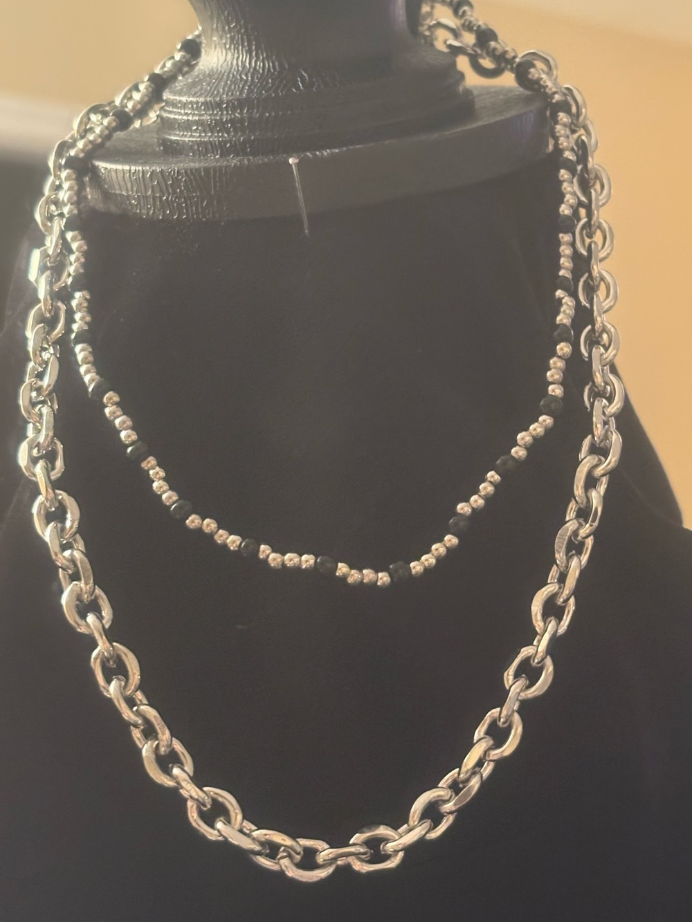 Silver Layered Chain and Beaded Necklace - Women Jewelry